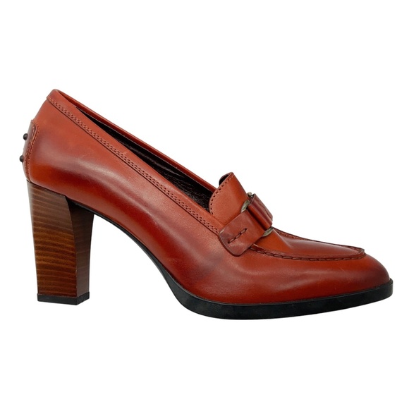 TOD'S BROWN LEATHER HEELED LOAFER PUMPS - Picture 2 of 9